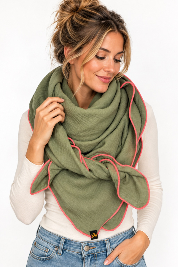 Preview: Musselin-Schal Damen Olivgrün mit Neonpink 140 × 140 cm